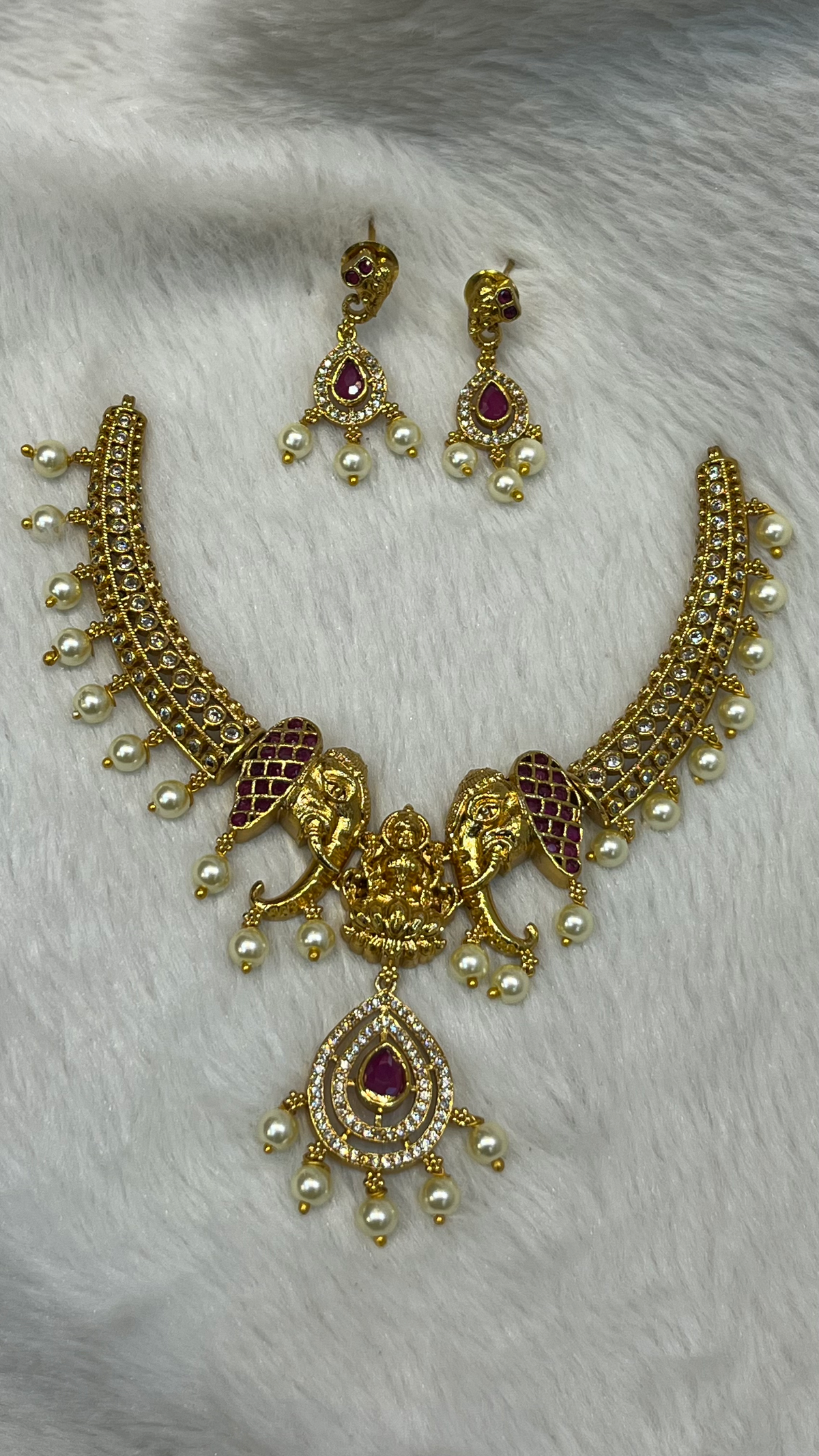 Gold-Tone Temple Elephant & Lakshmi Necklace Set