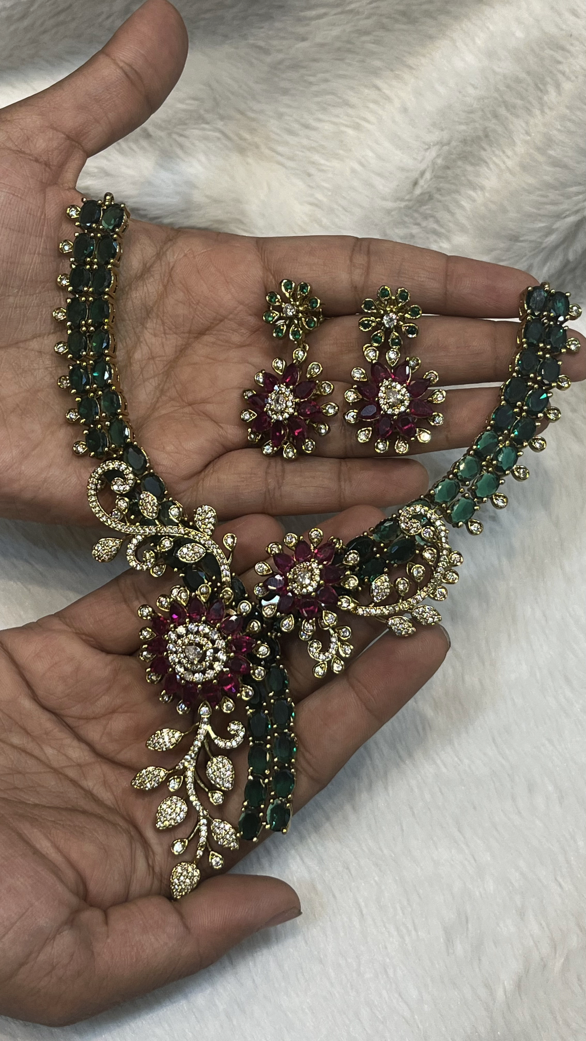 Gold-Tone Emerald & Ruby Floral Statement Necklace Set