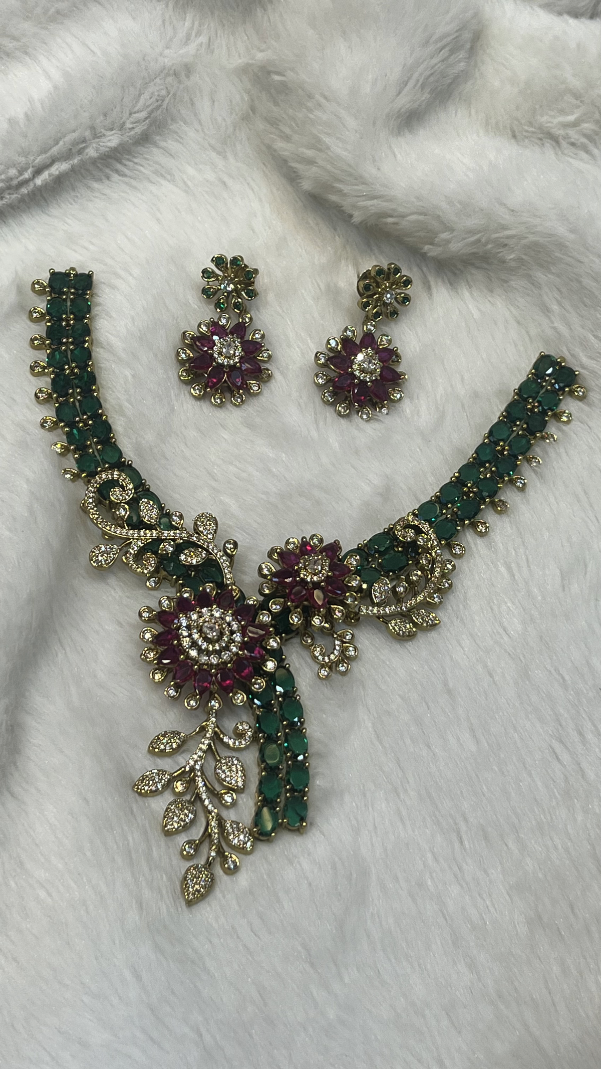 Gold-Tone Emerald & Ruby Floral Statement Necklace Set