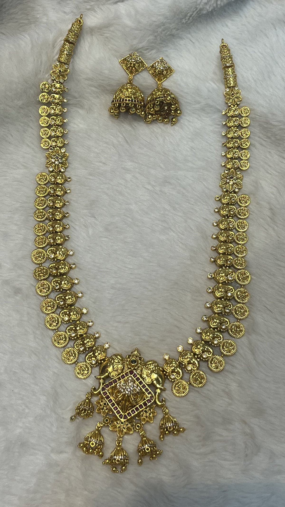 Antique Gold Kasu Mala Long Necklace Set with Jhumkas