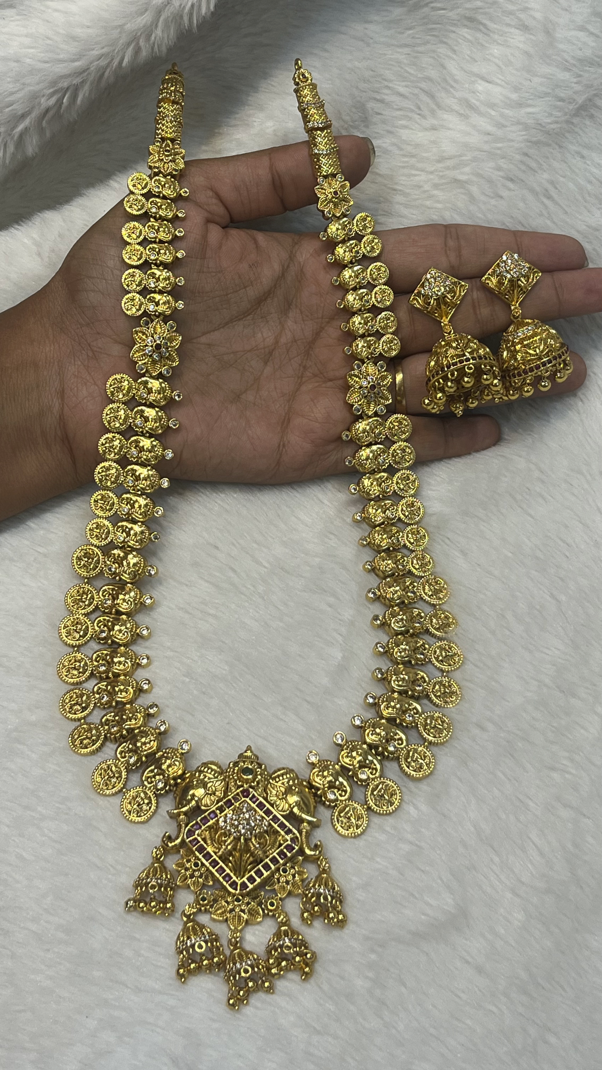 Antique Gold Kasu Mala Long Necklace Set with Jhumkas