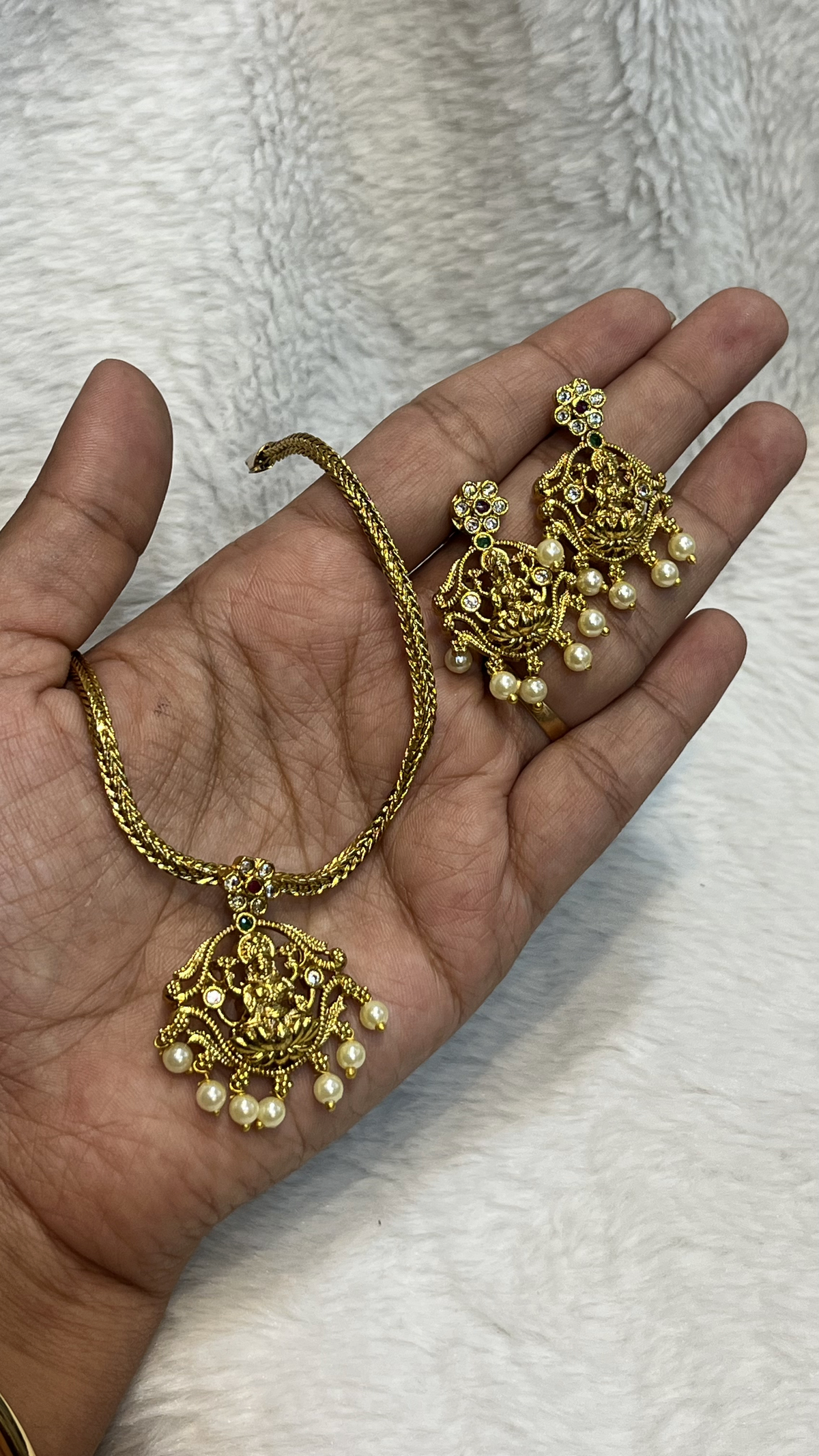 Antique Gold Goddess Lakshmi Pendant Set with Pearls