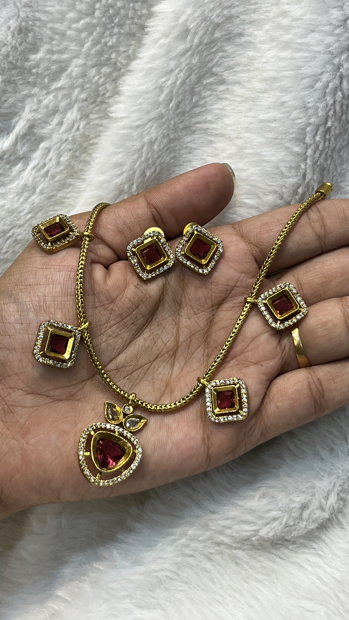 Gold-Tone Chain with Deep Red Square Stone Charms Set