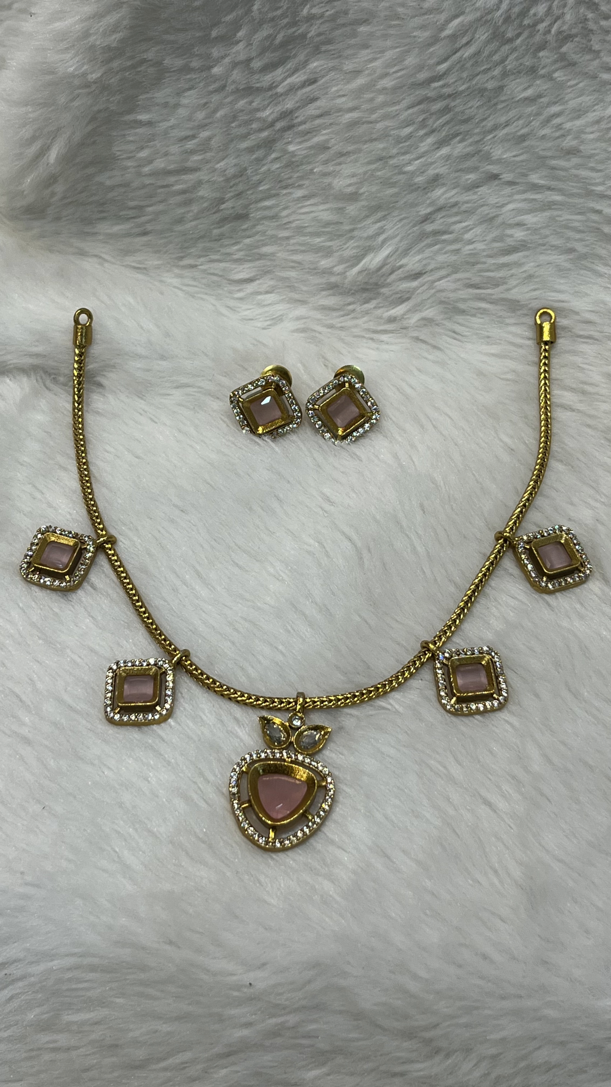 Gold-Tone Chain with Light Pink Square Stone Charms Set