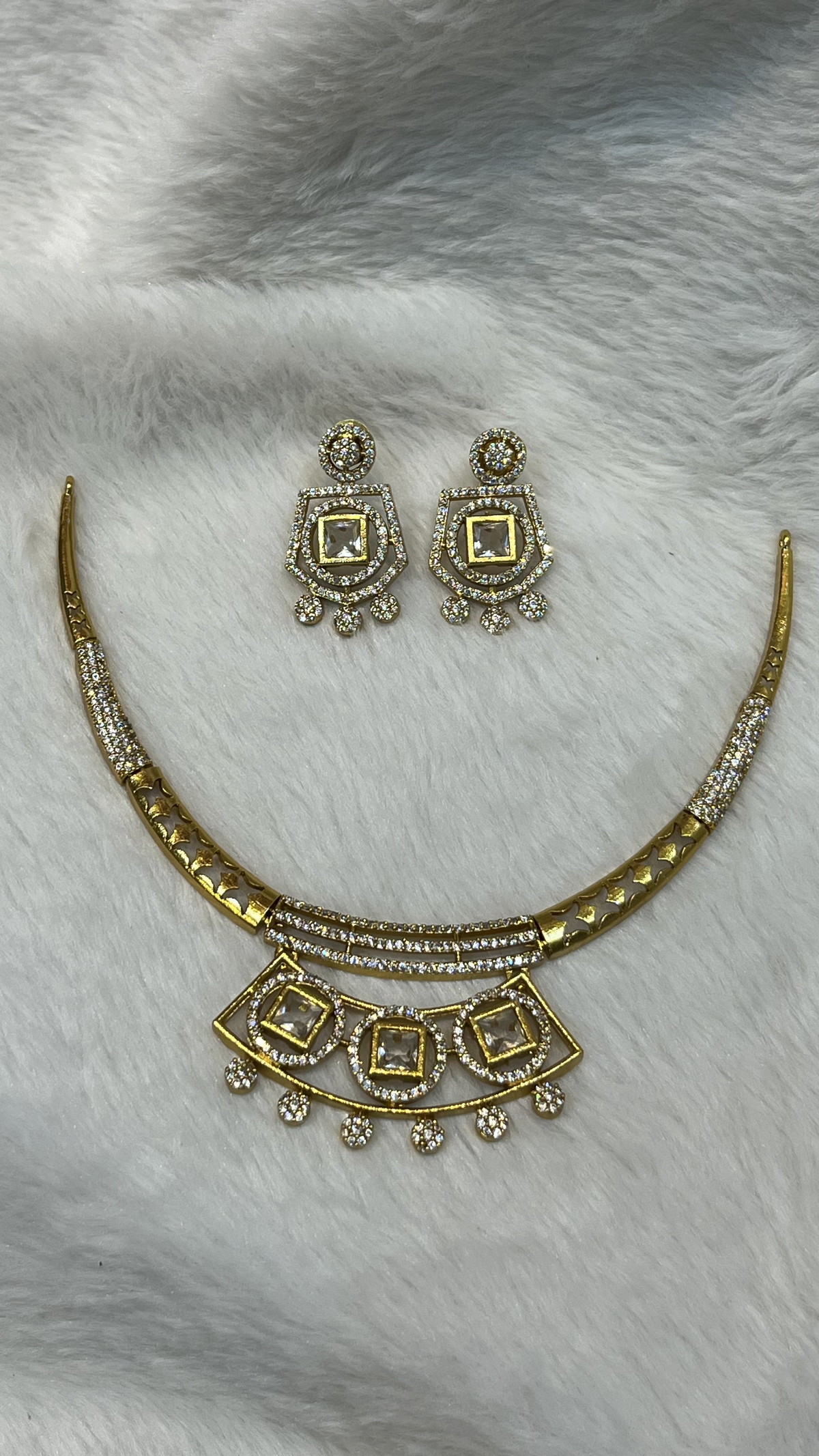 Gold-Tone Geometric Choker with White Stones