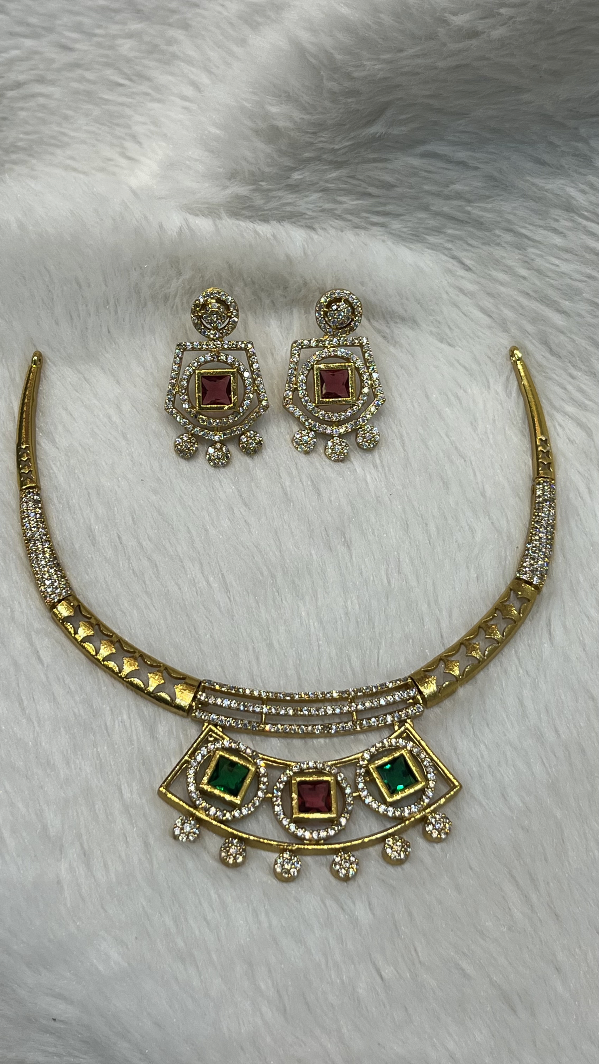 Gold-Tone Geometric Choker with Ruby & Emerald Stones