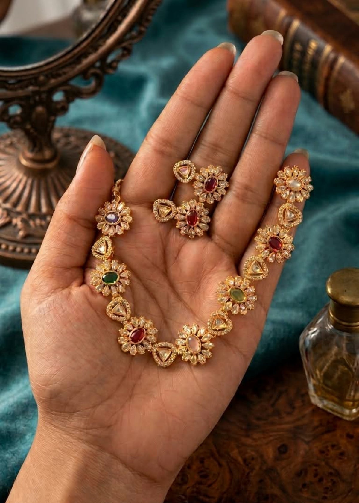 Floral Kundan-Framed Navratna Neck Piece