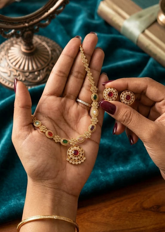 Classic Temple Pendant Navratna Neck Piece